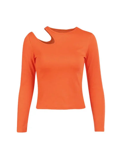 Camiseta sexy con agujeros para mujer, informal, de cuello redondo, manga larga, ajustada, corta, lisa, elegante, básica, para otoño 2025