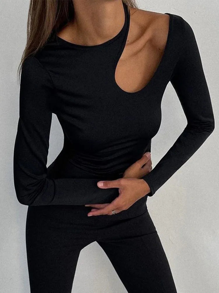 Camiseta sexy con agujeros para mujer, informal, de cuello redondo, manga larga, ajustada, corta, lisa, elegante, básica, para otoño 2025