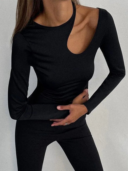 Camiseta sexy con agujeros para mujer, informal, de cuello redondo, manga larga, ajustada, corta, lisa, elegante, básica, para otoño 2025