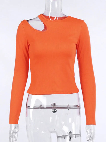 Camiseta sexy con agujeros para mujer, informal, de cuello redondo, manga larga, ajustada, corta, lisa, elegante, básica, para otoño 2025