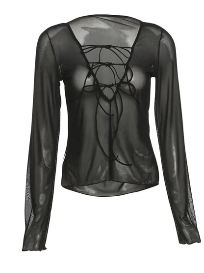 Camisetas negras sexis de manga larga con cuello en V y cordones para mujer, blusas de malla transparentes para discoteca
