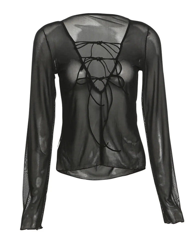 Camisetas negras sexis de manga larga con cuello en V y cordones para mujer, blusas de malla transparentes para discoteca
