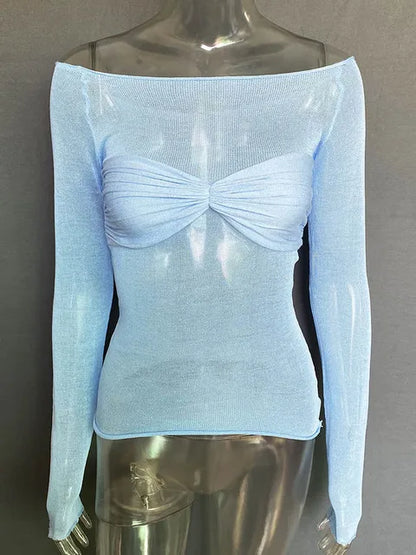 Camisetas sexis de gasa con hombros descubiertos y manga larga para mujer, camisetas ajustadas, lisas y versátiles, moda femenina de primavera 2025, tops con hombros descubiertos