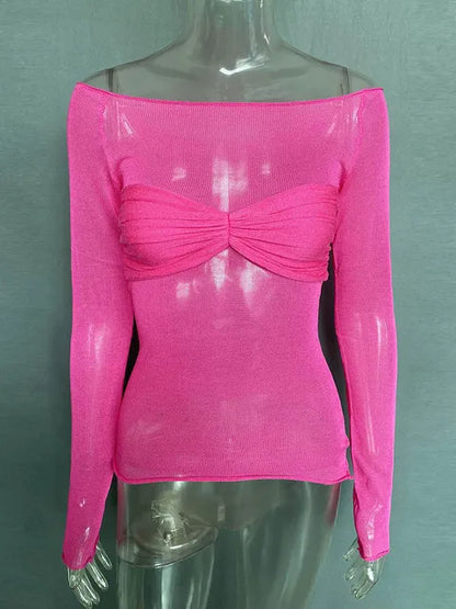 Camisetas sexis de gasa con hombros descubiertos y manga larga para mujer, camisetas ajustadas, lisas y versátiles, moda femenina de primavera 2025, tops con hombros descubiertos