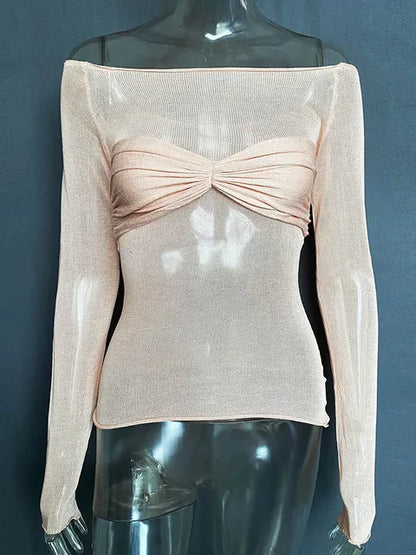 Camisetas sexis de gasa con hombros descubiertos y manga larga para mujer, camisetas ajustadas, lisas y versátiles, moda femenina de primavera 2025, tops con hombros descubiertos