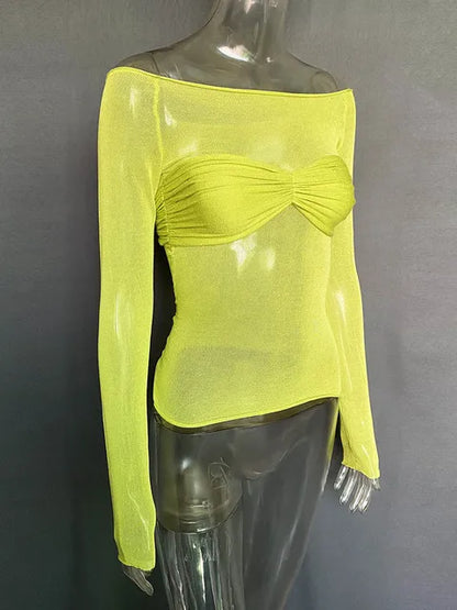 Camisetas sexis de gasa con hombros descubiertos y manga larga para mujer, camisetas ajustadas, lisas y versátiles, moda femenina de primavera 2025, tops con hombros descubiertos