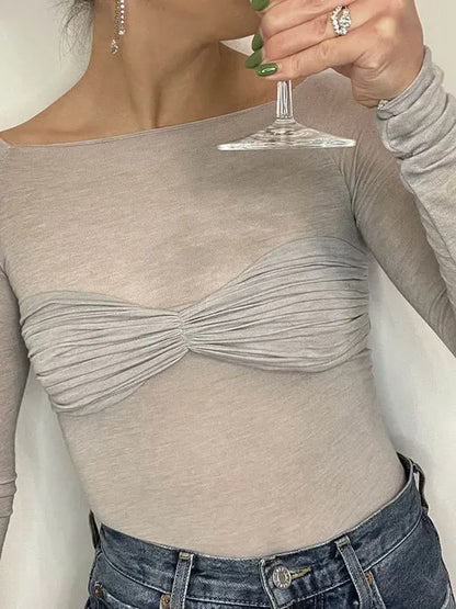 Camisetas sexis de gasa con hombros descubiertos y manga larga para mujer, camisetas ajustadas, lisas y versátiles, moda femenina de primavera 2025, tops con hombros descubiertos