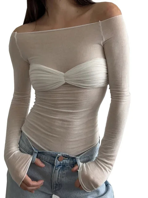 Camisetas sexis de gasa con hombros descubiertos y manga larga para mujer, camisetas ajustadas, lisas y versátiles, moda femenina de primavera 2025, tops con hombros descubiertos