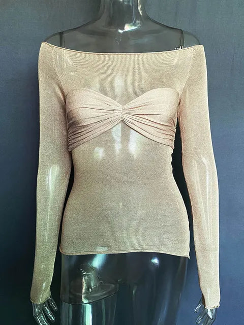 Camisetas sexis de gasa con hombros descubiertos y manga larga para mujer, camisetas ajustadas, lisas y versátiles, moda femenina de primavera 2025, tops con hombros descubiertos