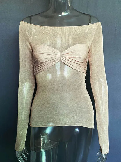 Camisetas sexis de gasa con hombros descubiertos y manga larga para mujer, camisetas ajustadas, lisas y versátiles, moda femenina de primavera 2025, tops con hombros descubiertos