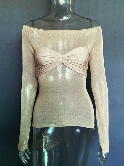 Camisetas sexis de gasa con hombros descubiertos y manga larga para mujer, camisetas ajustadas, lisas y versátiles, moda femenina de primavera 2025, tops con hombros descubiertos