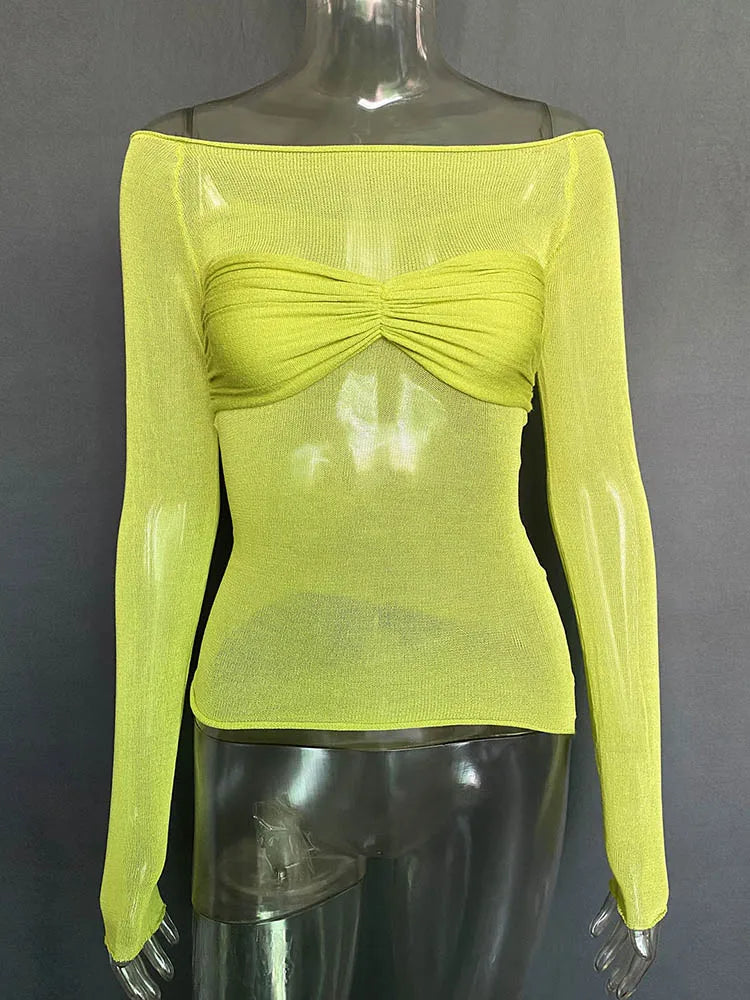 Camisetas sexis de gasa con hombros descubiertos y manga larga para mujer, camisetas ajustadas, lisas y versátiles, moda femenina de primavera 2025, tops con hombros descubiertos