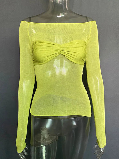 Camisetas sexis de gasa con hombros descubiertos y manga larga para mujer, camisetas ajustadas, lisas y versátiles, moda femenina de primavera 2025, tops con hombros descubiertos