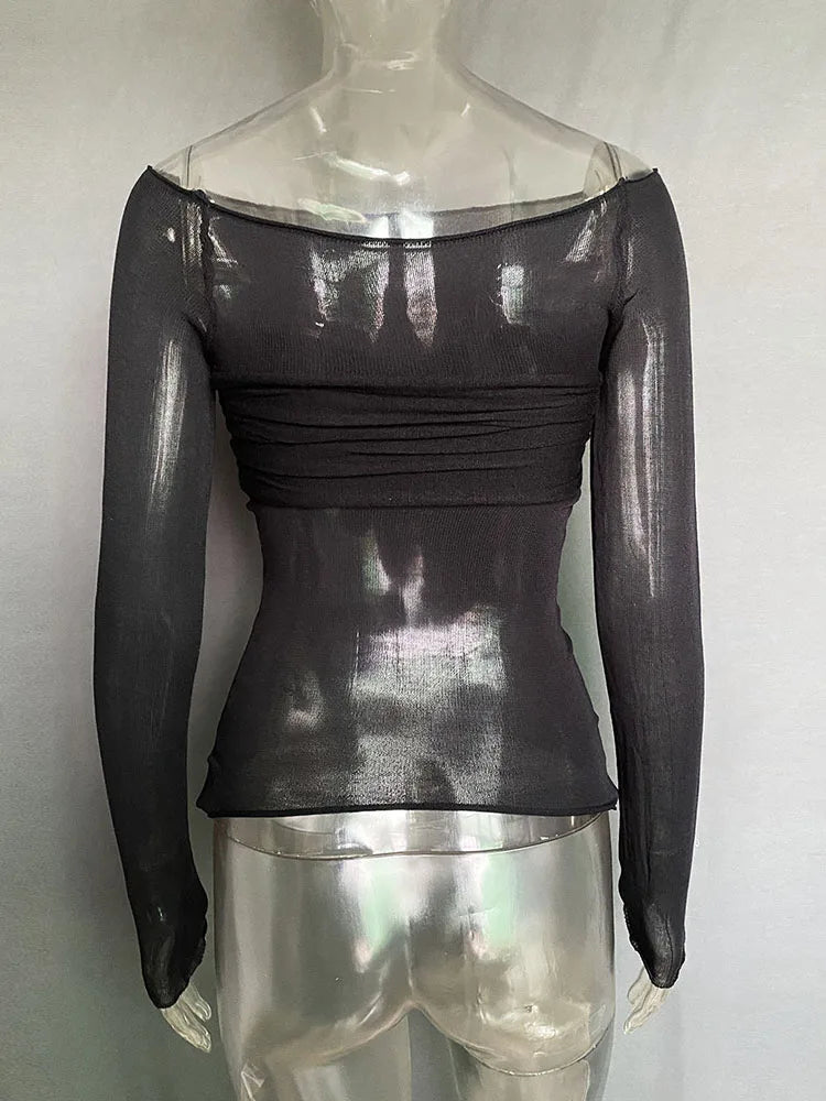 Camisetas sexis de gasa con hombros descubiertos y manga larga para mujer, camisetas ajustadas, lisas y versátiles, moda femenina de primavera 2025, tops con hombros descubiertos