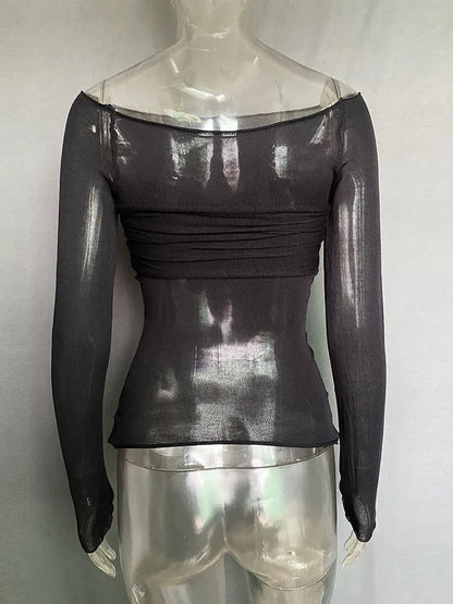 Camisetas sexis de gasa con hombros descubiertos y manga larga para mujer, camisetas ajustadas, lisas y versátiles, moda femenina de primavera 2025, tops con hombros descubiertos