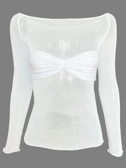 Camisetas sexis de gasa con hombros descubiertos y manga larga para mujer, camisetas ajustadas, lisas y versátiles, moda femenina de primavera 2025, tops con hombros descubiertos