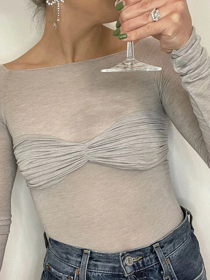 Camisetas sexis de gasa con hombros descubiertos y manga larga para mujer, camisetas ajustadas, lisas y versátiles, moda femenina de primavera 2025, tops con hombros descubiertos