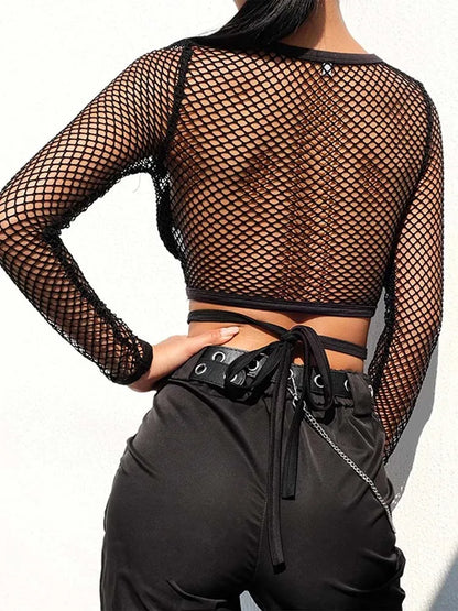Camiseta gótica de malla sexy de manga larga para mujer, top de rejilla transparente con agujeros, camisa informal de verano, ropa de calle para mujer