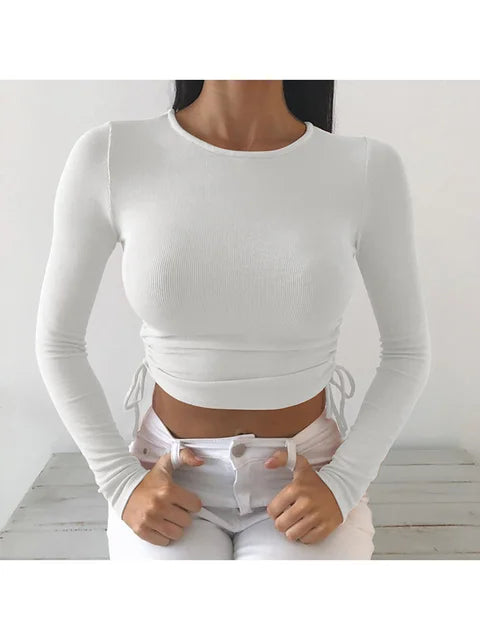 Camiseta sexy de manga larga con cuello redondo y corte ajustado para mujer, otoño 2025, de punto liso con vendaje irregular y cordón ajustable