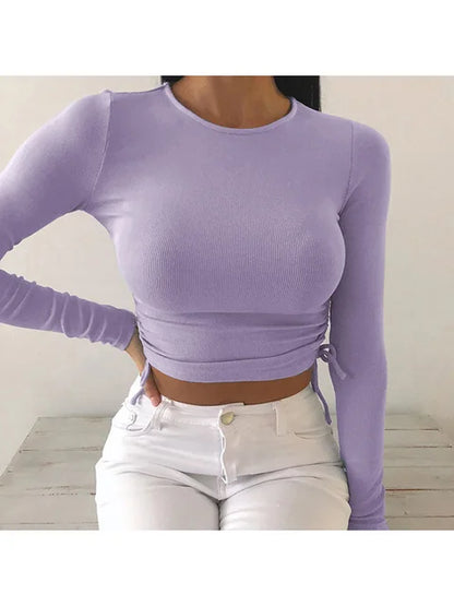 Camiseta sexy de manga larga con cuello redondo y corte ajustado para mujer, otoño 2025, de punto liso con vendaje irregular y cordón ajustable