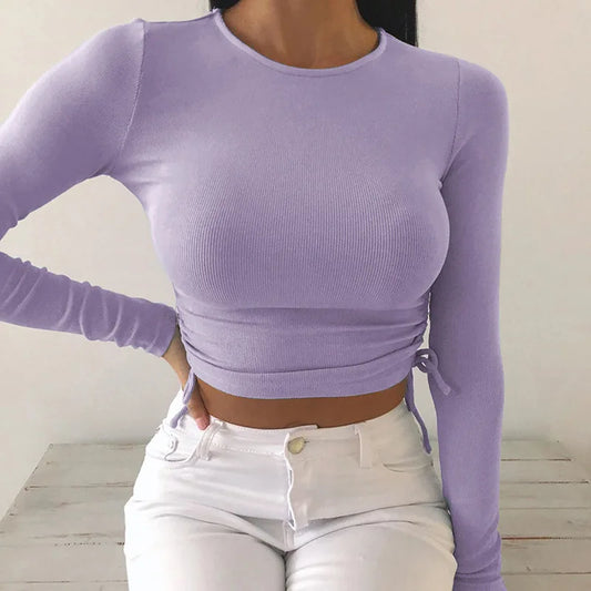 Sexy O-Neck Long Sleeve Bodycon Cropped Tops Autumn 2025 Women Irregular Drawstring Bandage Knitted Solid T-Shirt