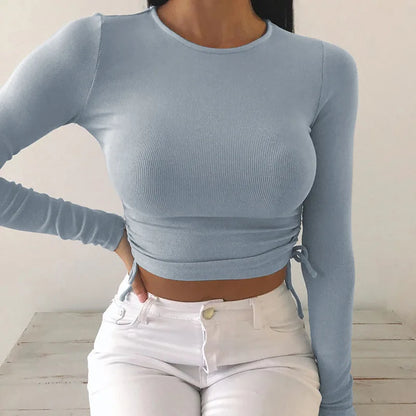 Camiseta sexy de manga larga con cuello redondo y corte ajustado para mujer, otoño 2025, de punto liso con vendaje irregular y cordón ajustable