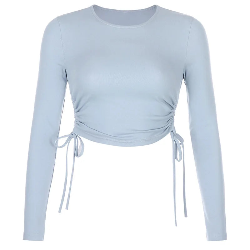 Camiseta sexy de manga larga con cuello redondo y corte ajustado para mujer, otoño 2025, de punto liso con vendaje irregular y cordón ajustable