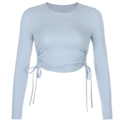 Camiseta sexy de manga larga con cuello redondo y corte ajustado para mujer, otoño 2025, de punto liso con vendaje irregular y cordón ajustable