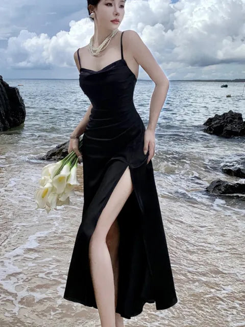 Vestido negro de satén sexy para mujer, con tirantes finos, nuevo vestido de verano con abertura alta, sin espalda, ajustado, estilo sirena, para fiesta de noche y graduación.