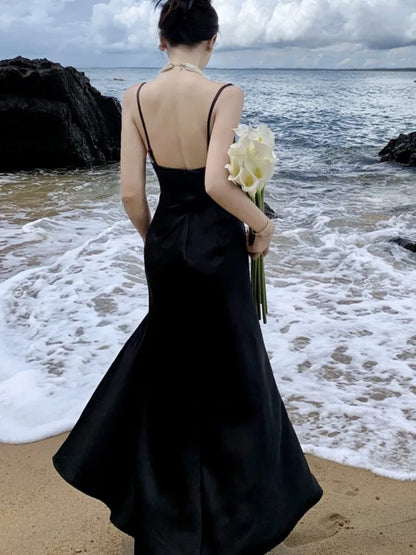 Vestido negro de satén sexy para mujer, con tirantes finos, nuevo vestido de verano con abertura alta, sin espalda, ajustado, estilo sirena, para fiesta de noche y graduación.