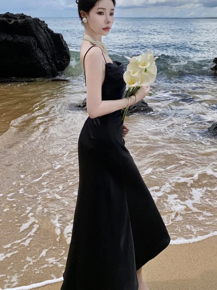 Vestido negro de satén sexy para mujer, con tirantes finos, nuevo vestido de verano con abertura alta, sin espalda, ajustado, estilo sirena, para fiesta de noche y graduación.