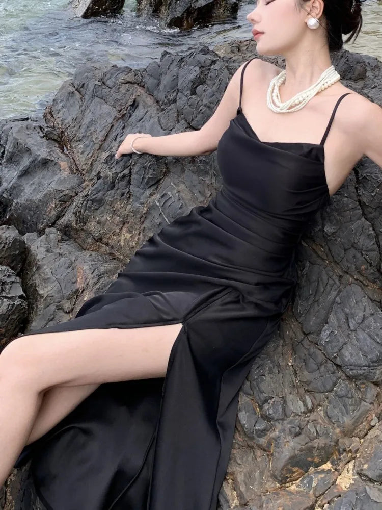 Vestido negro de satén sexy para mujer, con tirantes finos, nuevo vestido de verano con abertura alta, sin espalda, ajustado, estilo sirena, para fiesta de noche y graduación.