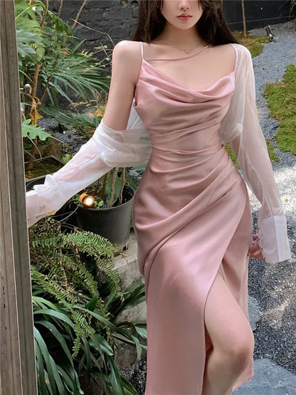 Vestido midi de satén sexy para mujer, nuevo vestido de verano con tirantes finos, cuello halter, abertura para noche, fiesta, graduación, vestido de una pieza