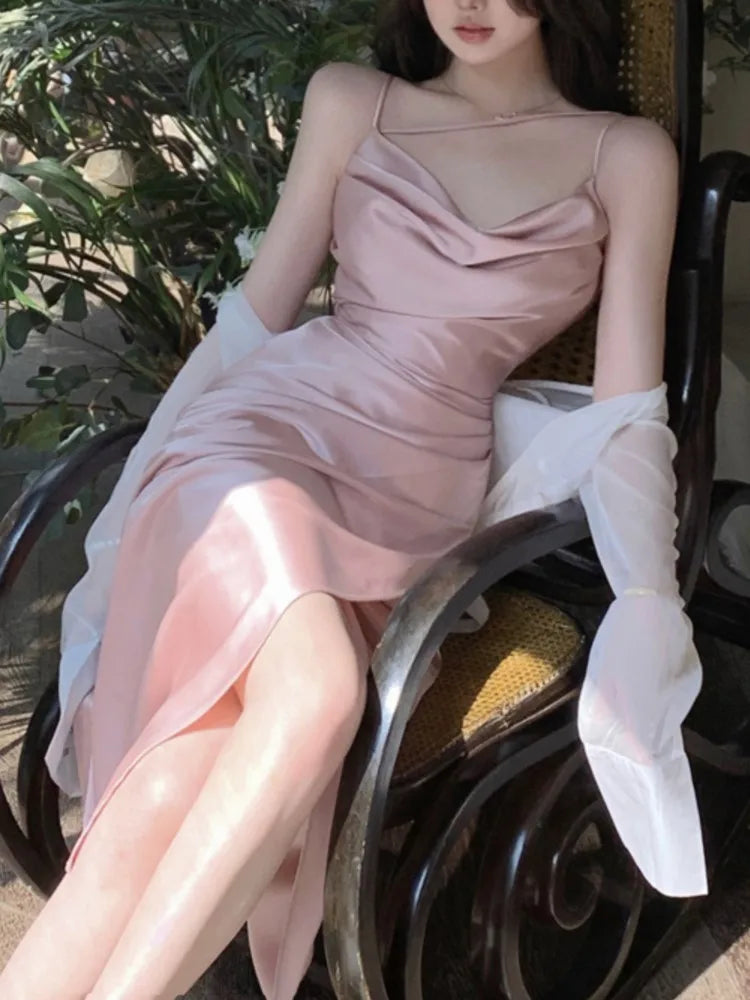 Vestido midi de satén sexy para mujer, nuevo vestido de verano con tirantes finos, cuello halter, abertura para noche, fiesta, graduación, vestido de una pieza