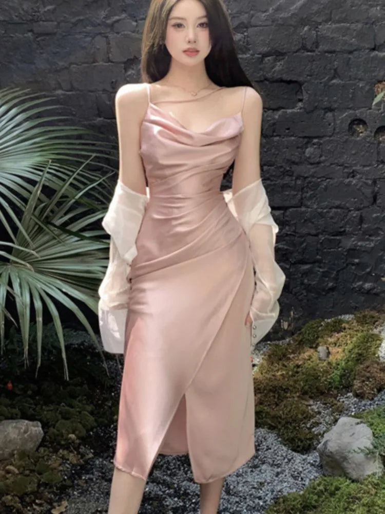 Vestido midi de satén sexy para mujer, nuevo vestido de verano con tirantes finos, cuello halter, abertura para noche, fiesta, graduación, vestido de una pieza