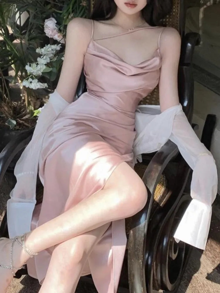Vestido midi de satén sexy para mujer, nuevo vestido de verano con tirantes finos, cuello halter, abertura para noche, fiesta, graduación, vestido de una pieza