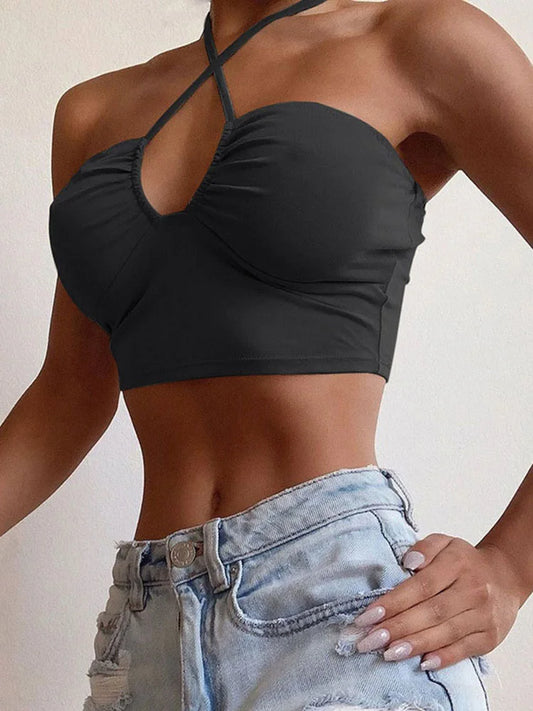 Top corto sexy con lazo, fruncido y cuello halter, sin mangas y espalda descubierta, estilo urbano, 2025