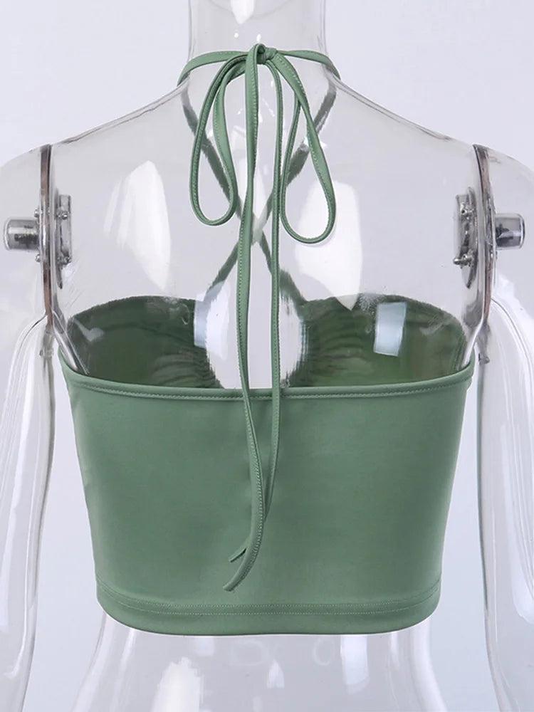 Sexy Solid Lace Up Bow Halter Ruched Crop Top Fashion Sleeveless Backless Tube Tops Female Streetwear Tops 2025 New Women