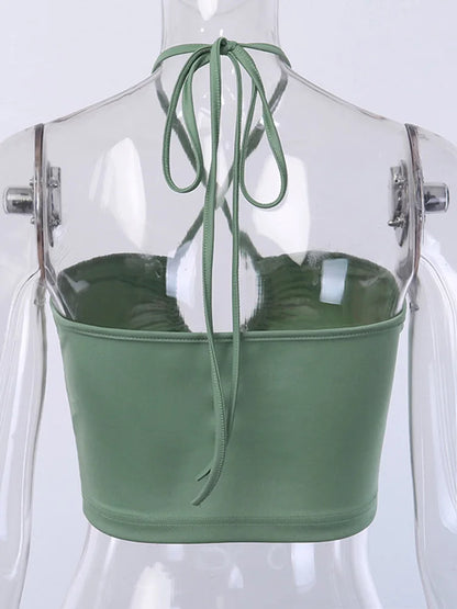 Sexy Solid Lace Up Bow Halter Ruched Crop Top Fashion Sleeveless Backless Tube Tops Female Streetwear Tops 2025 New Women