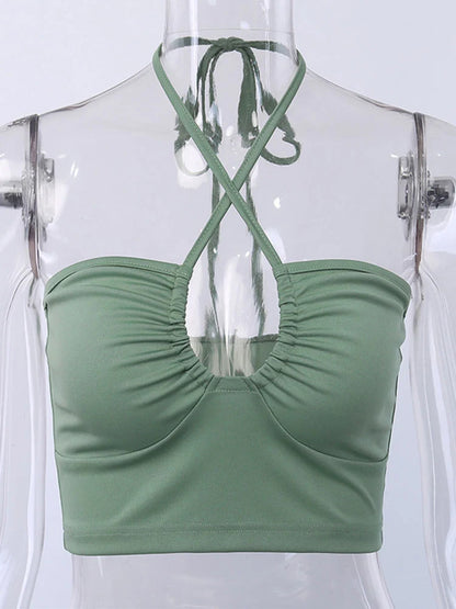 Sexy Solid Lace Up Bow Halter Ruched Crop Top Fashion Sleeveless Backless Tube Tops Female Streetwear Tops 2025 New Women