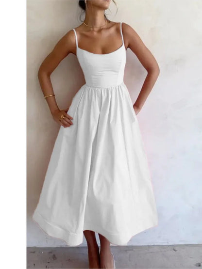 Vestido maxi sexy de corte A con tirantes finos, liso, para mujer, corte bajo, sin mangas, falda grande, vestido de verano, nueva moda, elegante, para fiesta