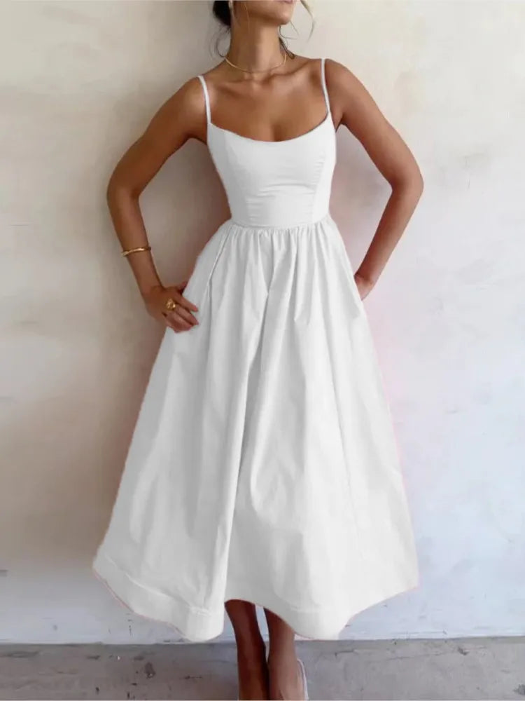 Vestido maxi sexy de corte A con tirantes finos, liso, para mujer, corte bajo, sin mangas, falda grande, vestido de verano, nueva moda, elegante, para fiesta