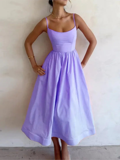 Vestido maxi sexy de corte A con tirantes finos, liso, para mujer, corte bajo, sin mangas, falda grande, vestido de verano, nueva moda, elegante, para fiesta