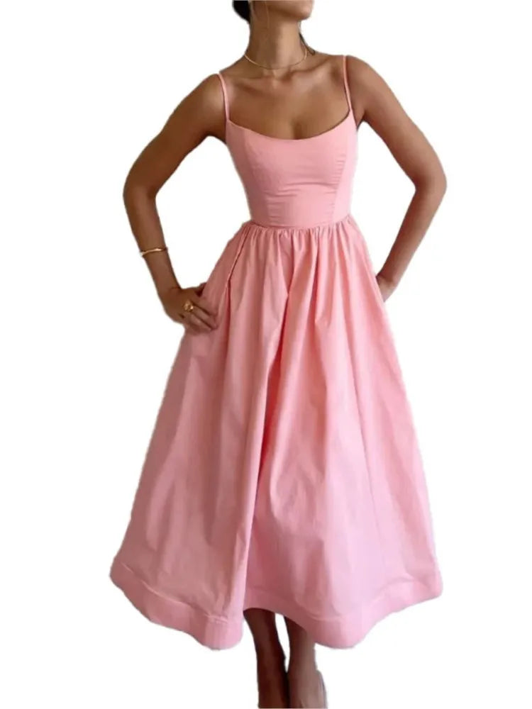 Vestido maxi sexy de corte A con tirantes finos, liso, para mujer, corte bajo, sin mangas, falda grande, vestido de verano, nueva moda, elegante, para fiesta