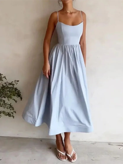 Vestido maxi sexy de corte A con tirantes finos, liso, para mujer, corte bajo, sin mangas, falda grande, vestido de verano, nueva moda, elegante, para fiesta
