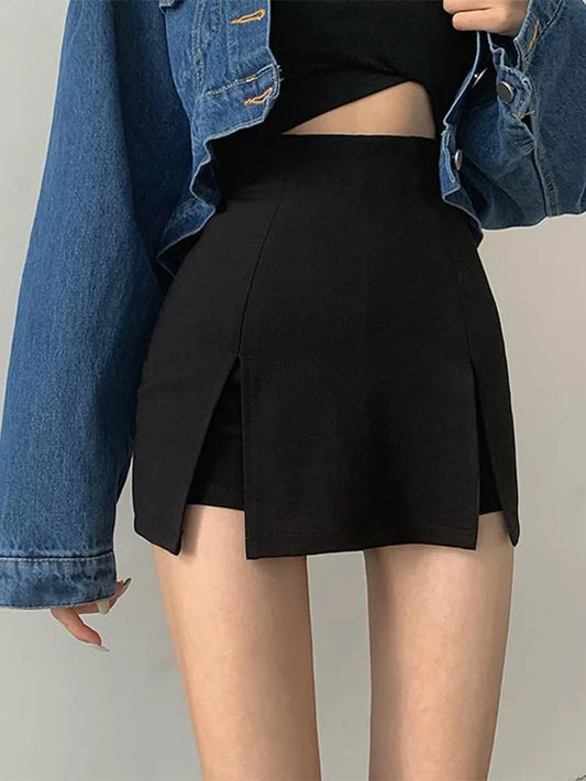 Falda corta sexy con abertura para mujer, falda de traje de oficina para mujer, falda de verano nueva negra, minifalda de corte A, pantalones cortos de cintura alta y pierna ancha.