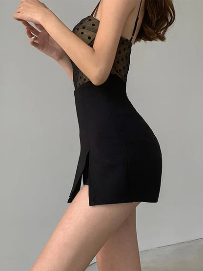 Falda corta sexy con abertura para mujer, falda de traje de oficina para mujer, falda de verano nueva negra, minifalda de corte A, pantalones cortos de cintura alta y pierna ancha.