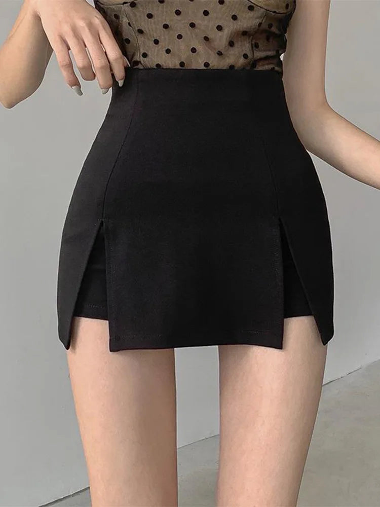 Falda corta sexy con abertura para mujer, falda de traje de oficina para mujer, falda de verano nueva negra, minifalda de corte A, pantalones cortos de cintura alta y pierna ancha.