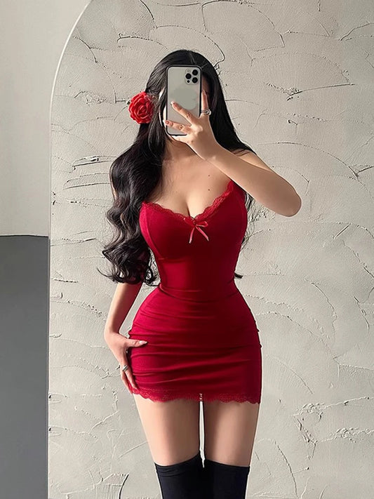 Vestido mini sexy de verano para mujer, camisola roja de encaje, sin mangas, con cuello en V, básico, ajustado, para fiesta y club, ropa Y2K