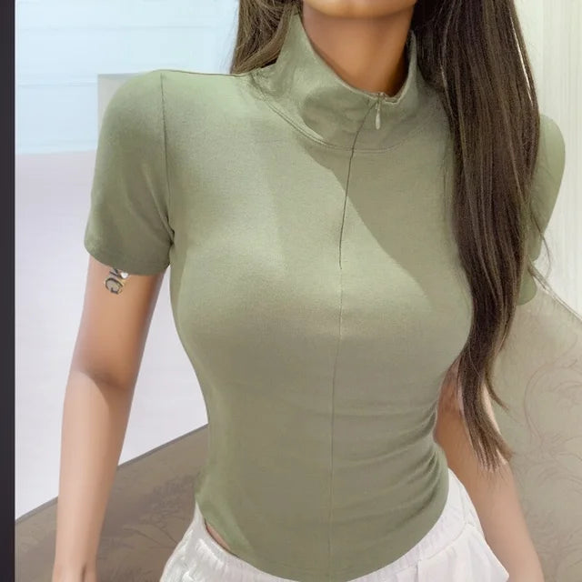 Top corto sexy de cuello alto con cremallera y elasticidad de manga corta para motociclista, camiseta de moda coreana para verano, ropa de calle, conjuntos elegantes de los años 90